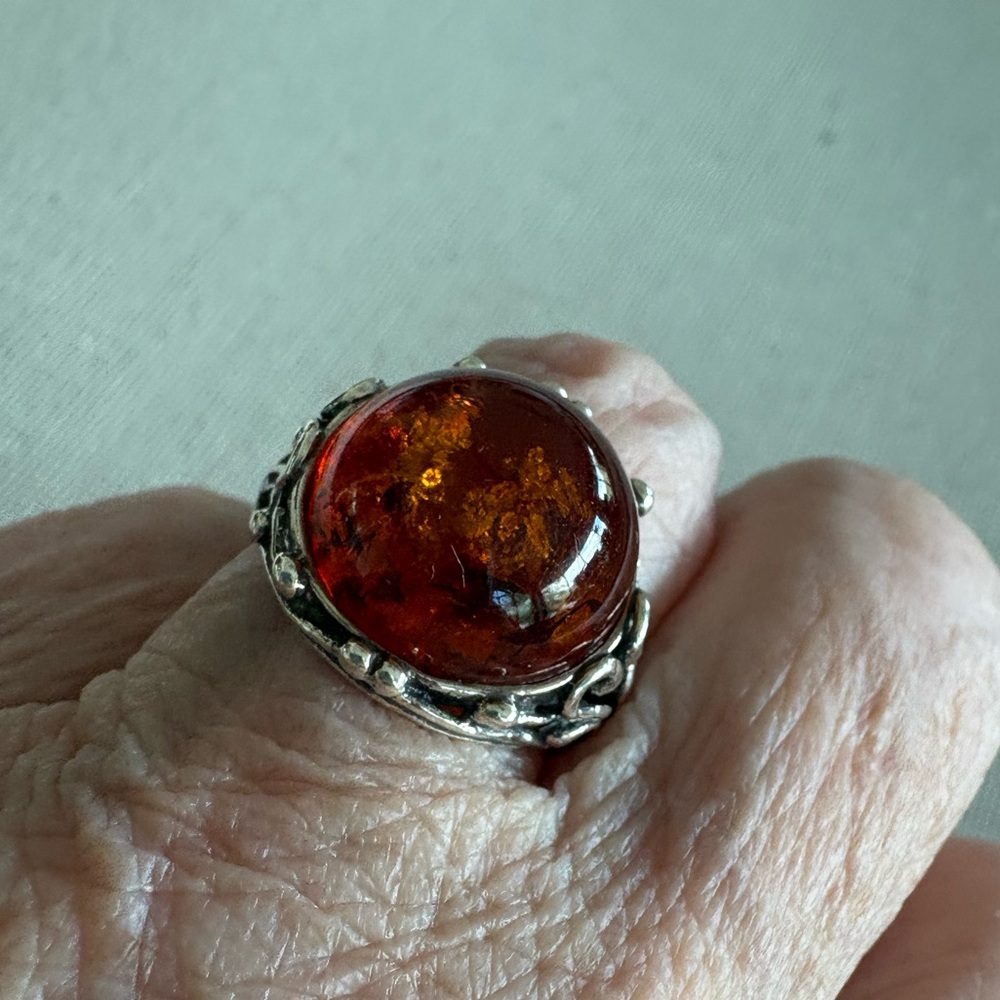 Sterling Silver and Amber Cabochon Bezel Set Ring